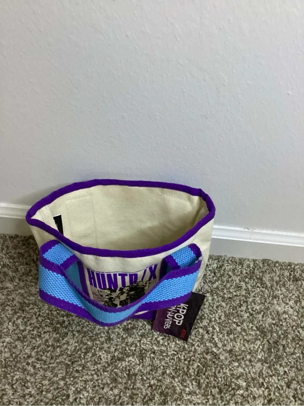 HUNTR/ X Canvas Tote Bag in Cream & Purple with Blue Straps